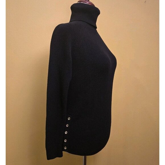 Michael Kors Womens Large Black Long Sleeve Turtleneck Sweater Gold Buttons Long - Picture 1 of 9